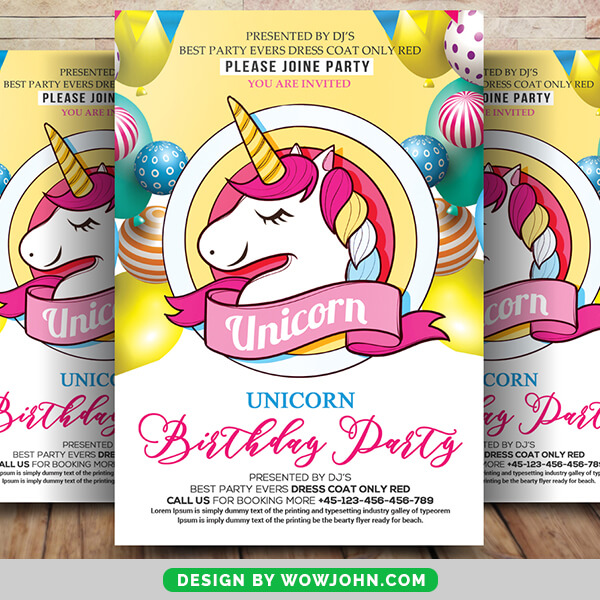 Unicorn Birthday Party Invitation Flyer Psd Template