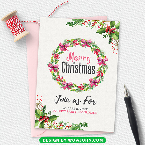 Christmas Flower Wreath Invitation Card Psd Template