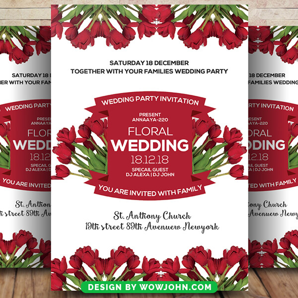 Red Floral Wedding Invitation Flyer Template Psd