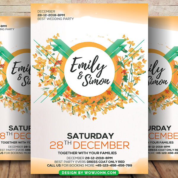 Yellow Floral Wedding Invite Flyer Template Psd
