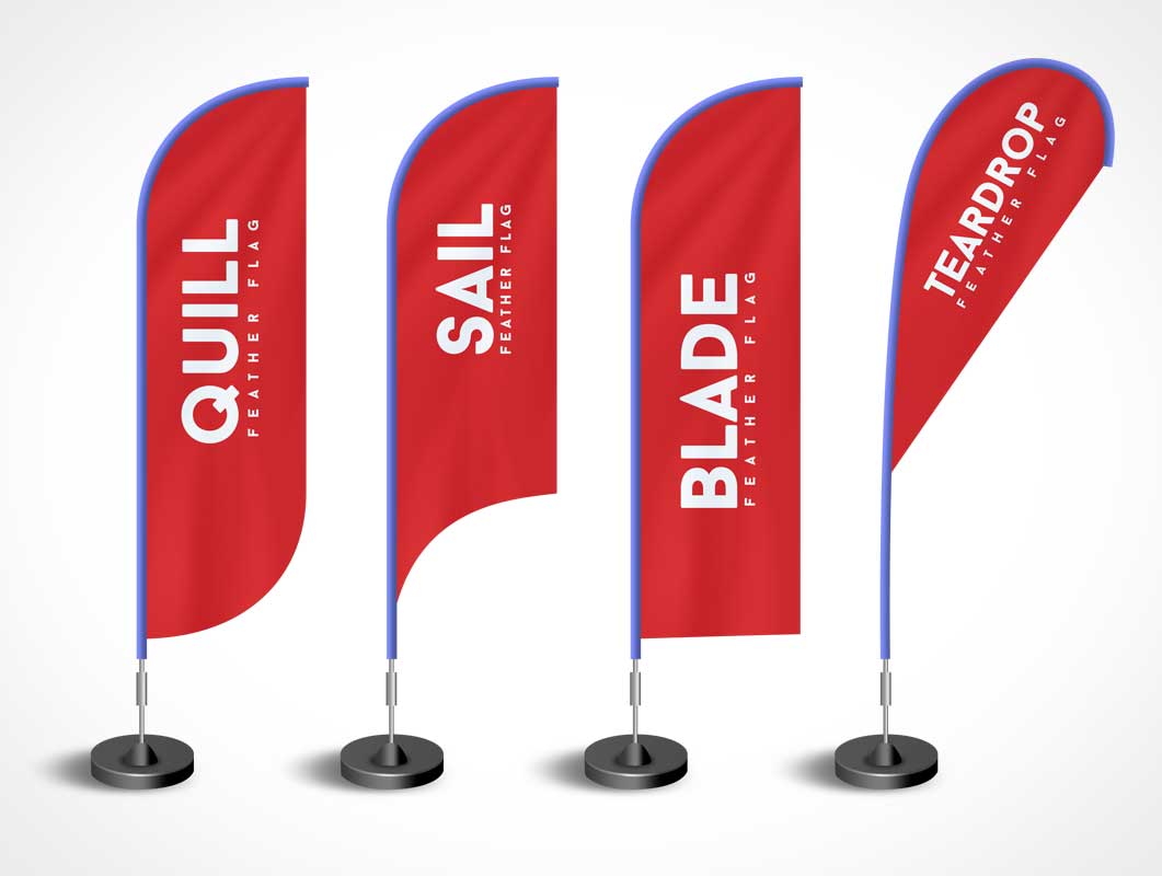 4 Branded Event Rollup Feather Flag Types PSD Mockup