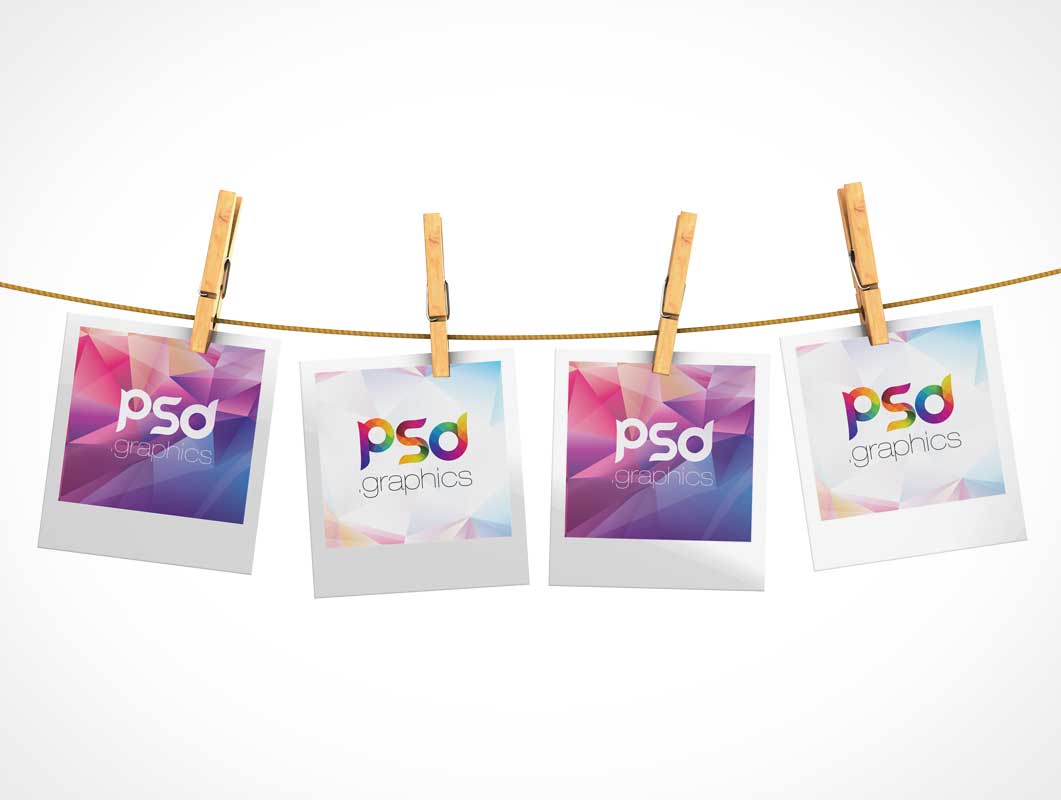 Free 4 Polaroid Pictures Cloths Line PSD Mockup