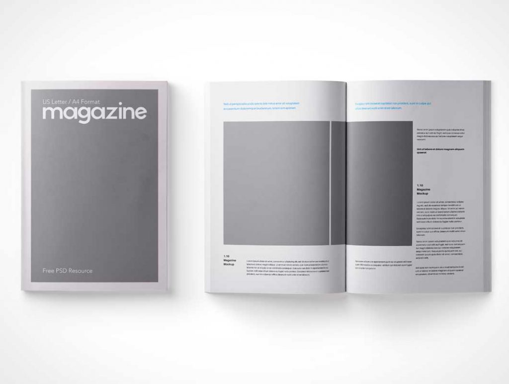 Free A4 Magazine Top View Front Inside Cover PSD Mockup