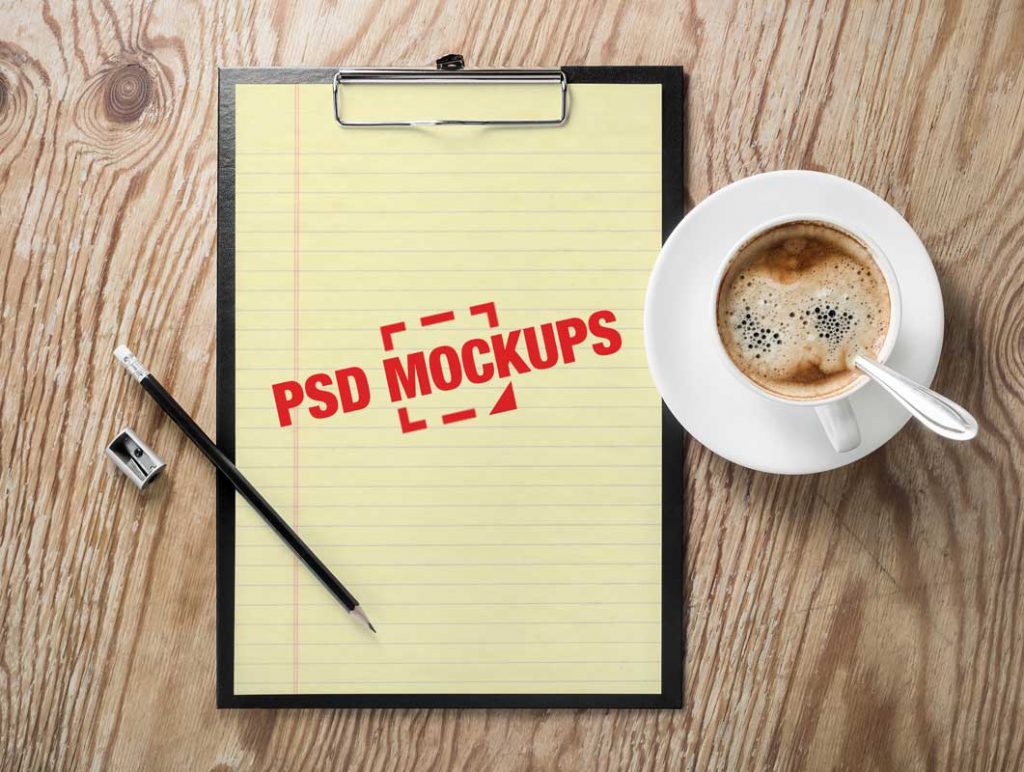 Free A4 Paper Sheet Clipboard Cappuccino Cup PSD Mockup
