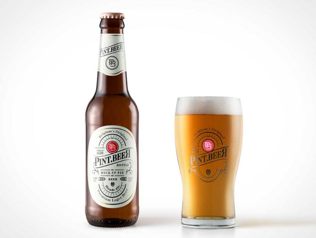 Free Amber Beer Bottle PSD Mockup With Weizen Glass