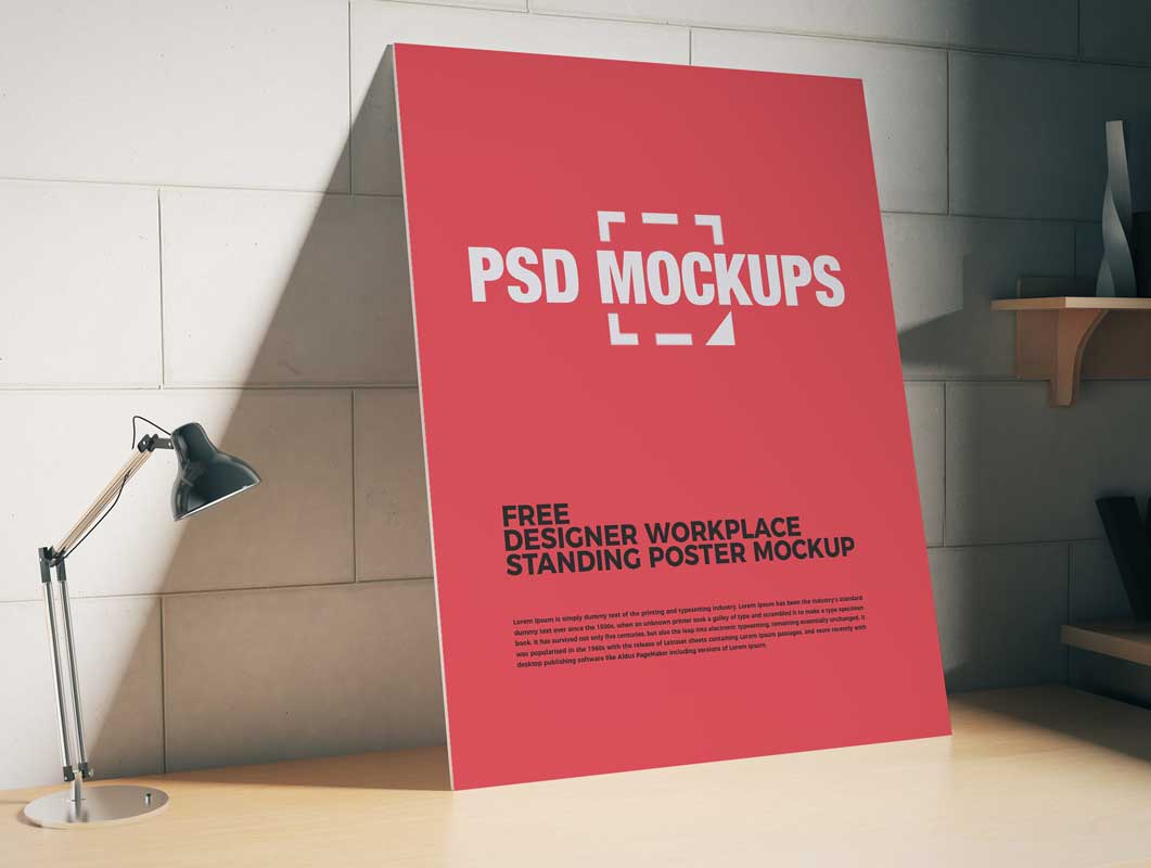 Free Articulating Lamp Frameless Poster Workspace PSD Mockup