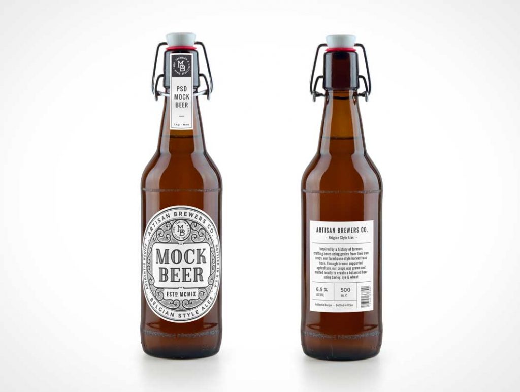 Free Artisan Glass Beer Bottle PSD MockUp With Swing Top Clamp Cap