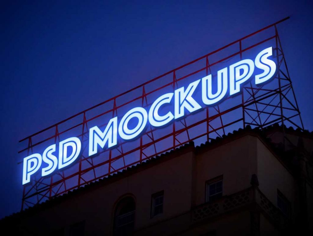 Free Backlit Neon Roof Billboard Advertising PSD Mockup