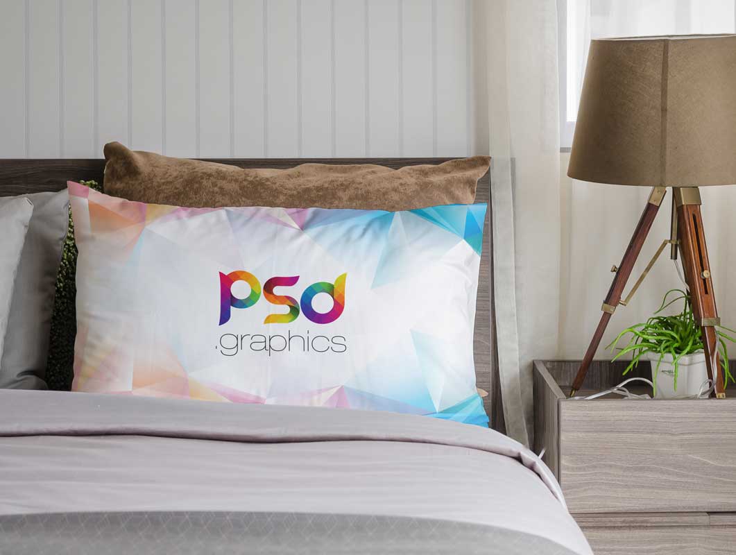 Free Bedroom Pillows With Nightstand Lamp PSD Mockup