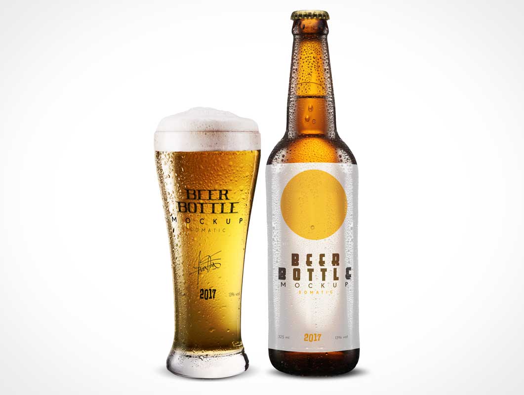 Free Beer Bottle Drink Glass Water Condensation Beads PSD Mockup
