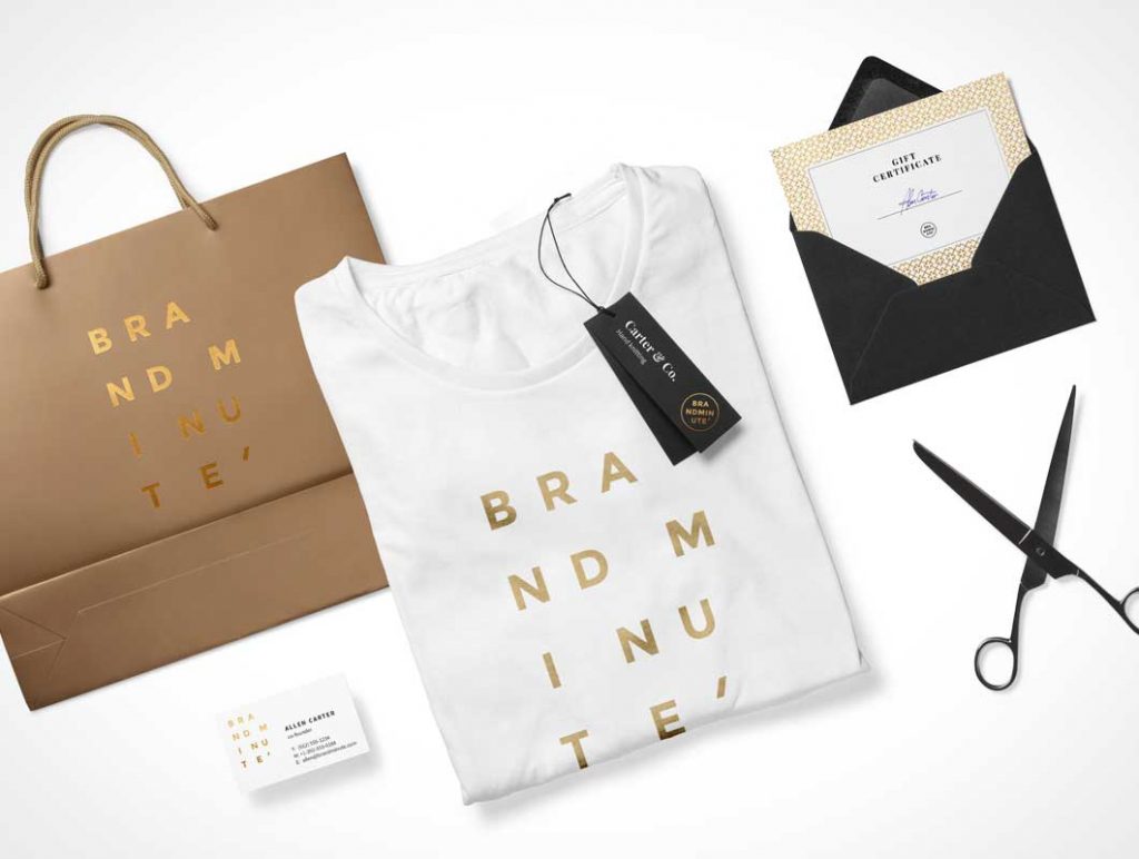 Free Boutique Store Stationery PSD Mockup Bag And T Shirt Scene