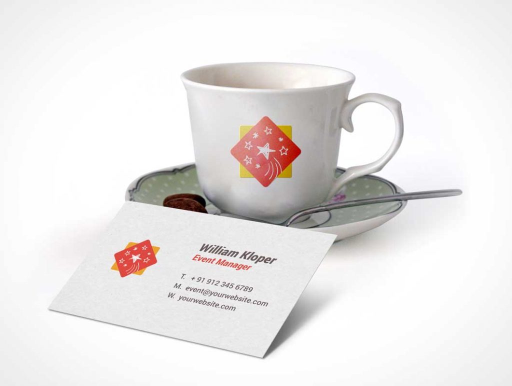Free Business Card And Coffee Cup Scene PSD Mockup