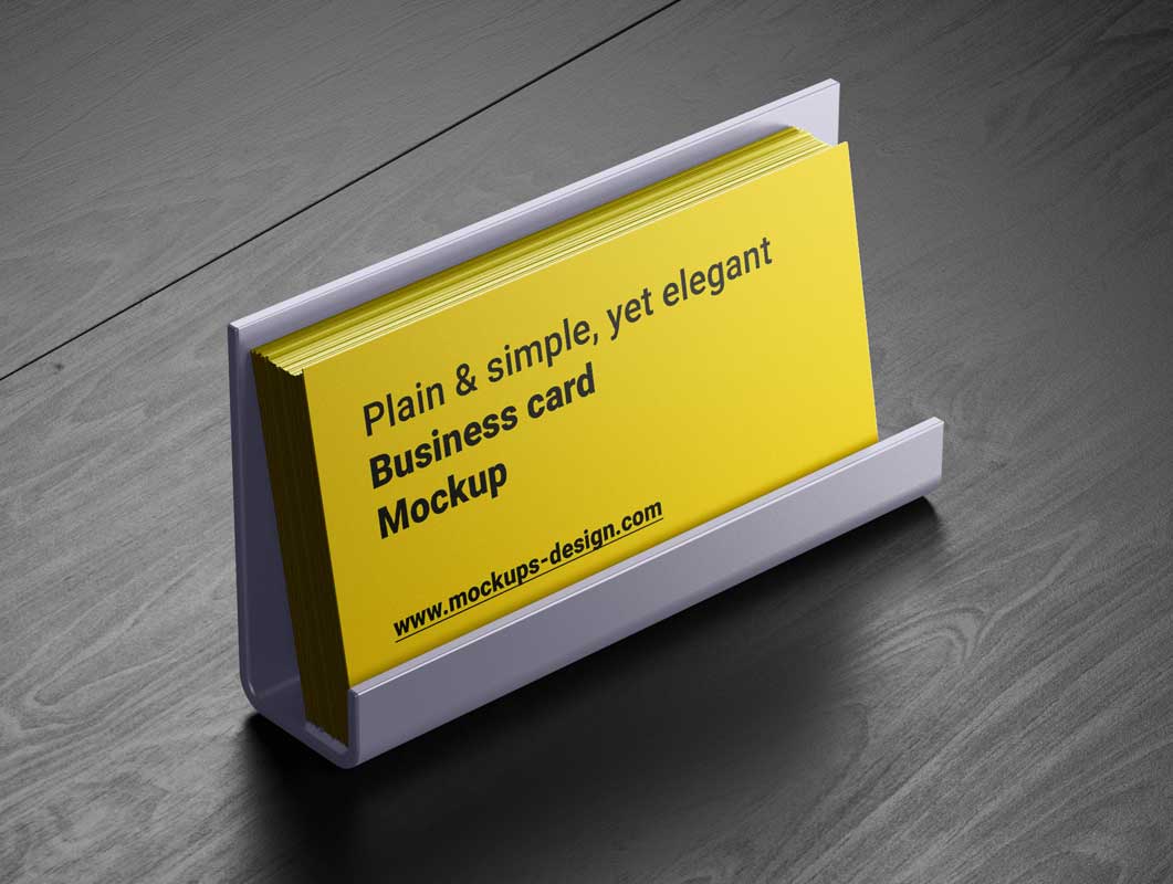Free Business Card Holder On Desk PSD Mockup