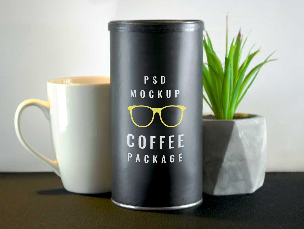 Free Coffee Bean Tube Packaging Ceramic Mug PSD Mockup