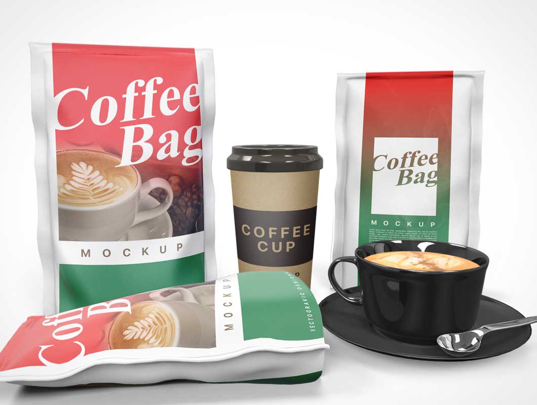 Free Coffee Beans Bag PSD Mockup Layout With Ceramic And Paper Cups