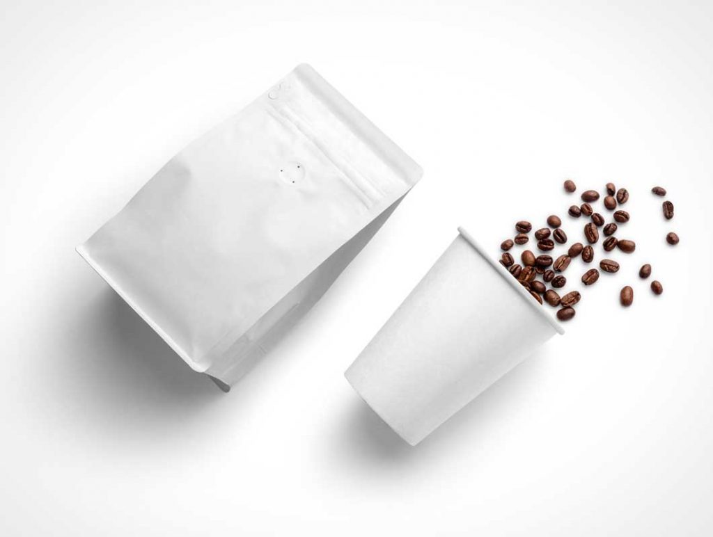 Free Coffee Beans Packaging Pouch Paper Cup PSD Mockups