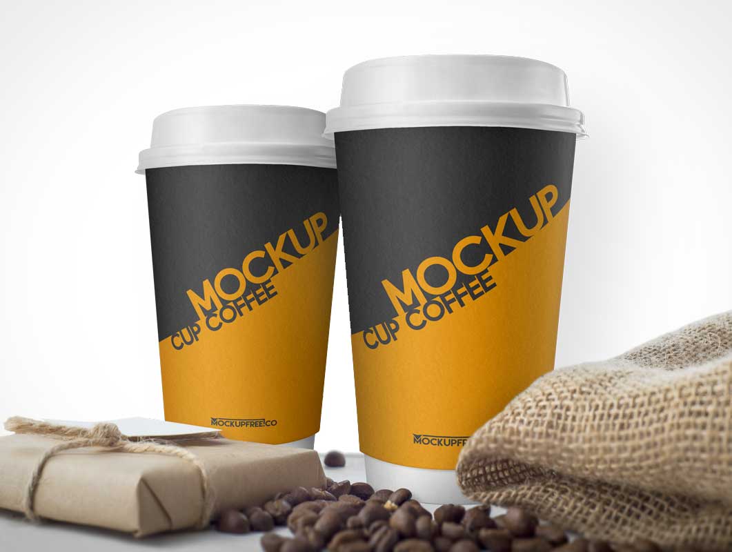Free Coffee Cups Burlap Beans Sack PSD Mockup