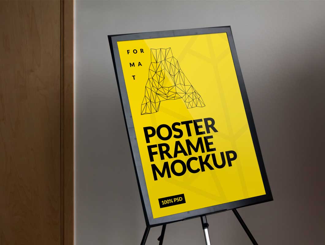 Free Frame Poster PSD Mockup On Light Tripod Stand