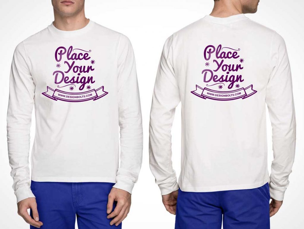 Free White Long Sleeves Front And Back T Shirt PSD Mockup