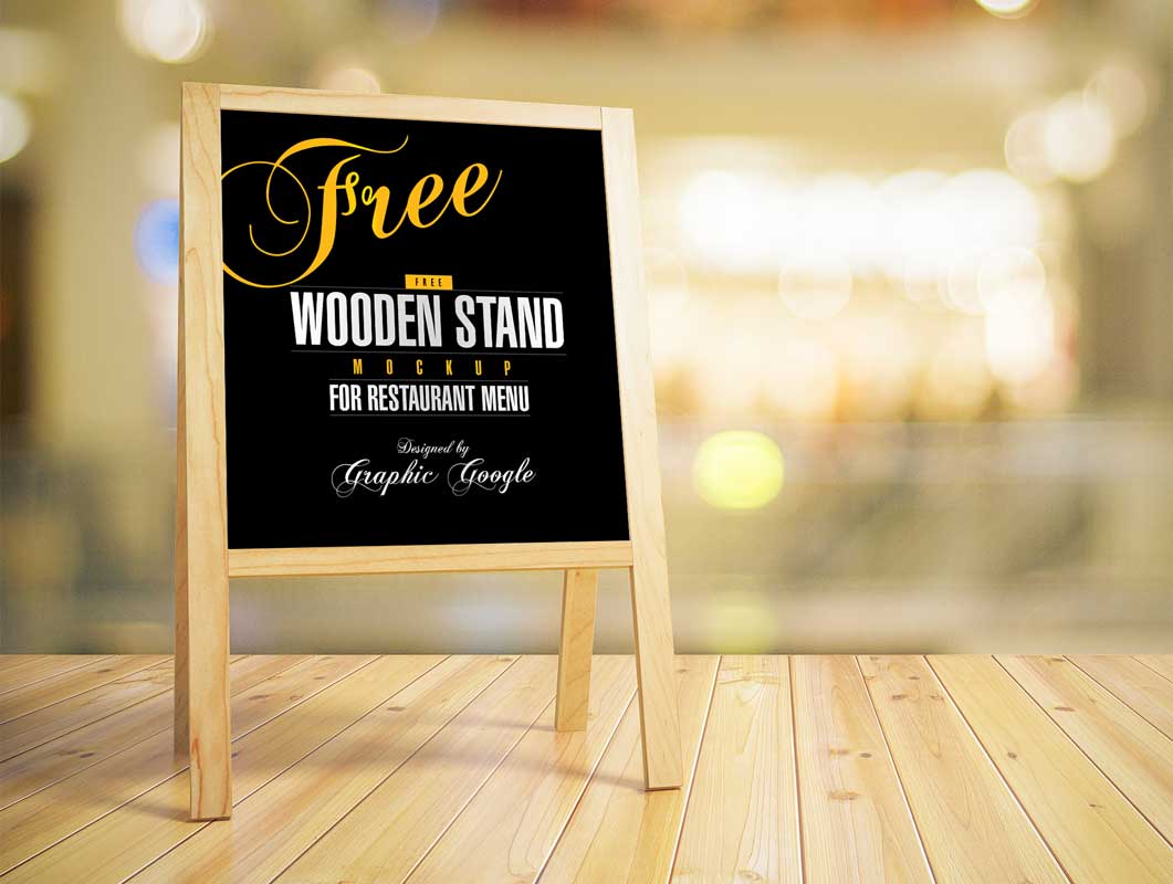 Free Wooden Stand PSD MockUp For Restaurant Menu
