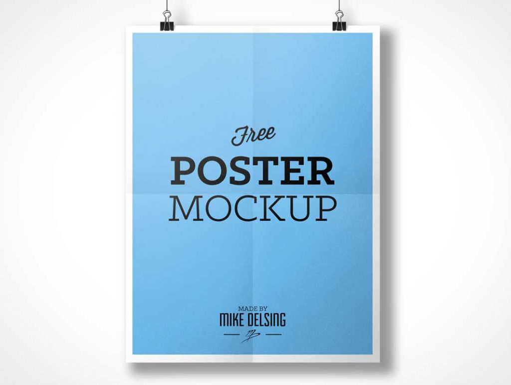 Free Hanging Fold Paper Poster With Clips Psd Mockup